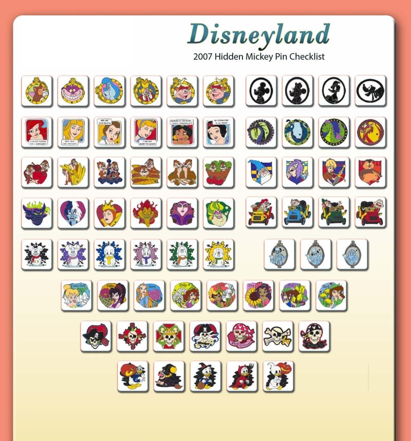 2007 Hidden Disney pin checklist for Disneyland Resort