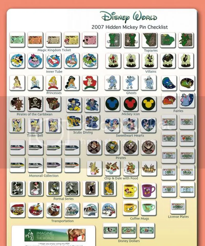 2007 Hidden Disney pin checklist for Walt Disney World
