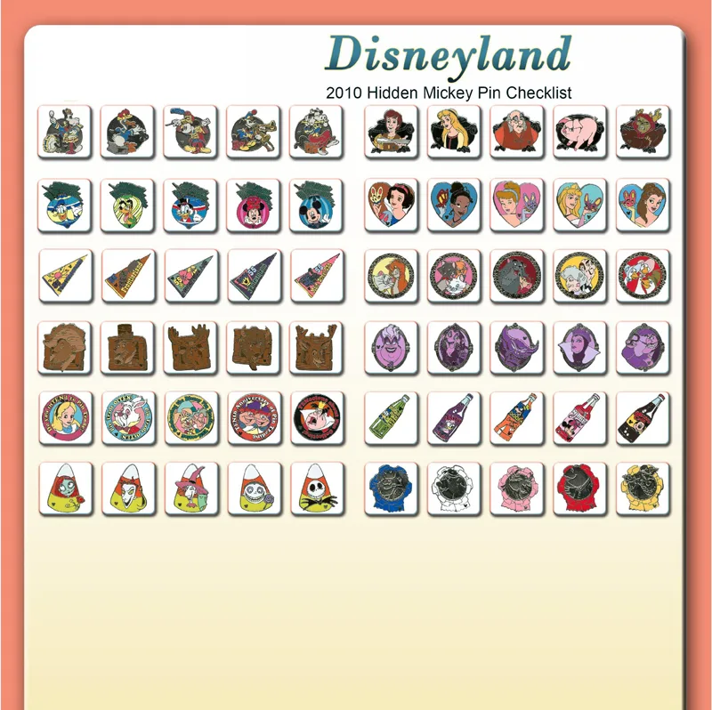 2010 Hidden Disney pin checklist for Disneyland