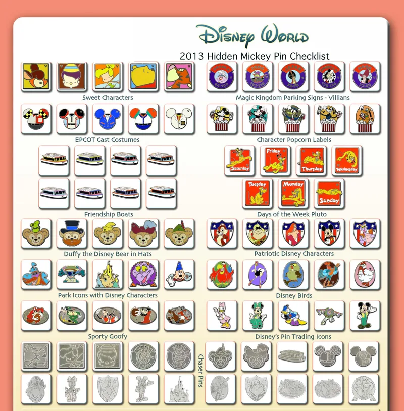 2013 Hidden Disney pin checklist for Walt Disney World